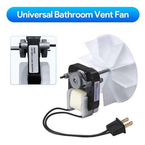 Bathroom Vent Fan Motor And Blower Wheel Replacement Kit, 50 CFM 120V, showing motor, blower wheel, and plug for easy installation.