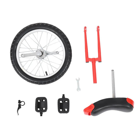 16 Inch Adjustable Unicycle For Outdoor Fitness And Fun parts including wheel, seat, pedals, and red frame for easy assembly