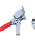 Heavy Duty Toggle Clamp Fixture Rock Solid Welding Workbench Grip, cast iron with red handle, for secure metal plate holding.
