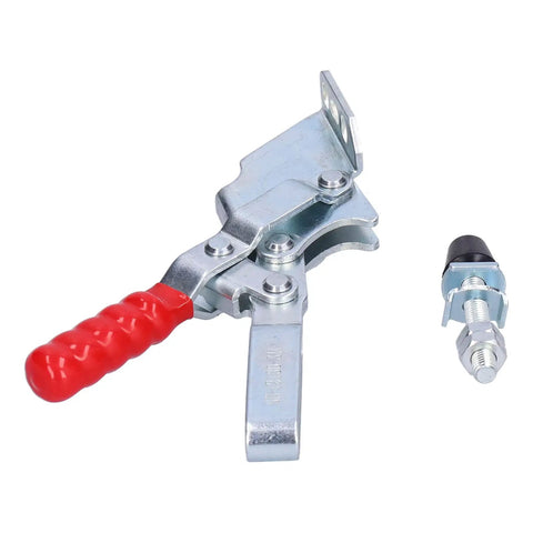 Heavy Duty Toggle Clamp Fixture Rock Solid Welding Workbench Grip, cast iron with red handle, for secure metal plate holding.