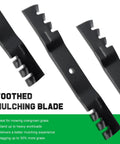 Toothed mulching blades for Toro Time Cutter 50 inch deck zero turn mower compatible with MX5000 MX5050 MX5060 SS5000 shown from side