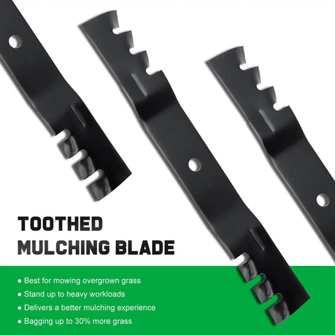 Toothed mulching blades for Toro Time Cutter 50 inch deck zero turn mower compatible with MX5000 MX5050 MX5060 SS5000 shown from side