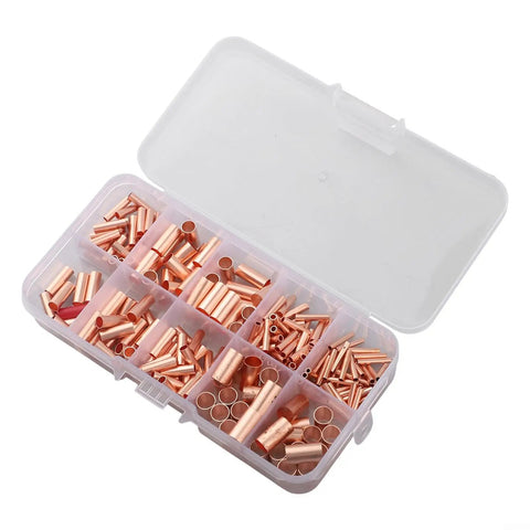 Grab This Awesome 250 Pack Wire Ferrules Kit With 7 Sizes For All Your AWG6 To 18 Needs Featuring Red Copper Crimp Connectors And Heat Shrink Tubing open case with assorted copper wire ferrules