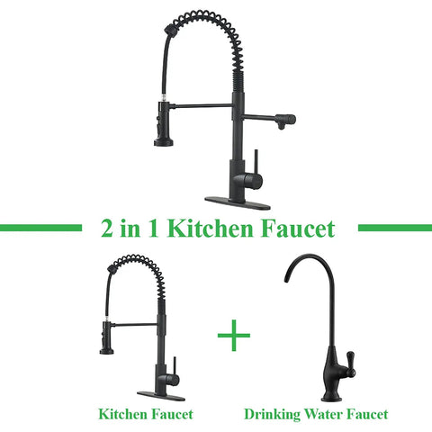 Drinking Water Faucet With Pull Down Kitchen Filtration Spout For Independent RO System Connection, Matte Black Stainless Steel Bar And Home Sink Faucet, 2 In 1 Design For Drinking And Filtration shown in two configurations