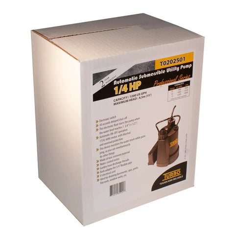 Box of Powerful Workhorse One Quarter Horsepower Submersible Utility Pump With Electronic Switch Auto On Off 115V 60Hz