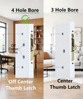 Offset Sliding Patio Door Handle Set With Mortise Lock 45 Degree Keyway Fits 1 3/8 To 2 Inches Doors 3 15/16 Inch Hole Spacing Zinc Alloy Black Diecast Non Handed Replacement For Pella Guardian PGT And More showing 4 and 3 hole bore comparison with off center and center thumb latch options.