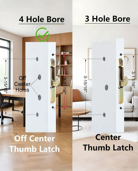 Offset Sliding Patio Door Handle Set With Mortise Lock 45 Degree Keyway Fits 1 3/8 To 2 Inches Doors 3 15/16 Inch Hole Spacing Zinc Alloy Black Diecast Non Handed Replacement For Pella Guardian PGT And More showing 4 and 3 hole bore comparison with off center and center thumb latch options.