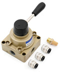 Beefed-Up Rotary Lever Hand Valve HV-03 PT3/8 3 Position 4 Way Pneumatic Air Flow Control with accessories, compact design