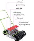 Metal Precision Garden Push Seeder With Five Row Capacity, labeled parts diagram, for sowing coriander, cabbage, radish, user-friendly tool.