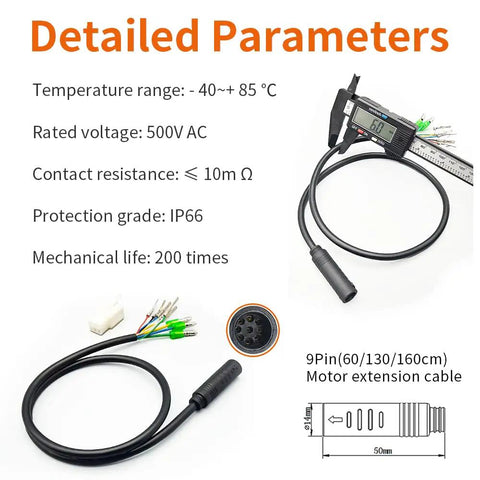 Waterproof 9 Pin Ebike Extension Cable For Controller To Motor, 60cm 130cm 160cm Length, 36V 48V 52V 250W-1200W Conversion Wire With Sealed Connector And Hall Sensor Leads