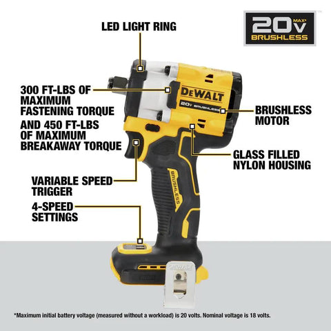 Atomic 20V Max 1/2 Inch Cordless Impact Wrench With Hog Ring Anvil Tool Only, showing side view with labeled features.