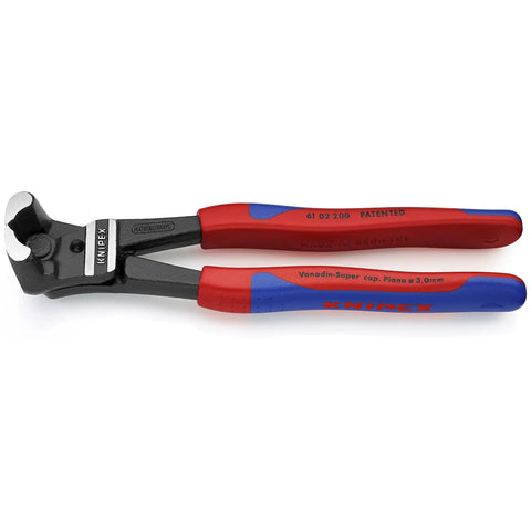 High Leverage Bolt End Cutting Nippers With Multi Component Design For All Wire Types Including Piano Wire Heavy Duty End Cutting Pliers With 64 HRC Cutting Edges, showing red and blue ergonomic handles