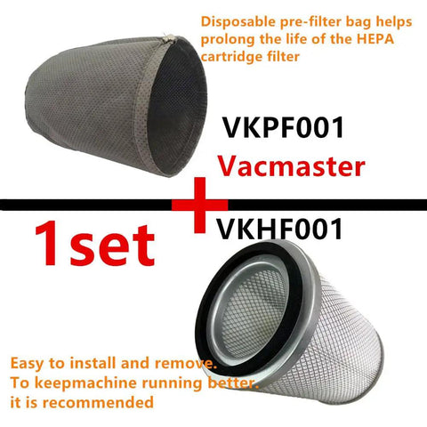 HEPA Cartridge Vacuum Filter And Pre-Filter With Clamp For Vacmaster Industrial VK811PH VK1011SIWTH kit, pre-filter and cartridge shown
