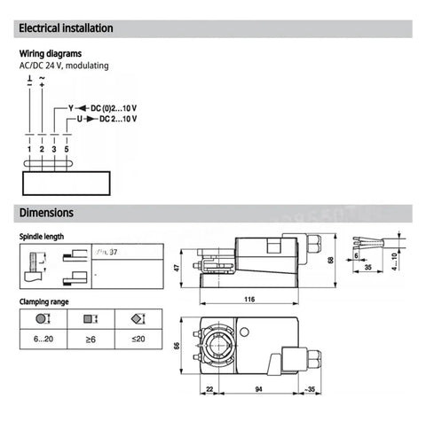Wiring diagram and dimensions of Ultra Reliable Modulating Damper Actuator Featuring 5Nm Torque And 24V AC DC Power IP54 Rated HVAC Vent Controller.