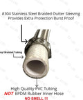 Cross-section of Braided Stainless Steel Faucet Water Supply Line Set Ten Pack Sixteen Inch Each Half Inch Female To Three Eighths Inch Compression Lead Free Brass Nuts showing PVC and vinyl tubing layers.