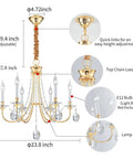 Gold Farmhouse Crystal Chandelier For Dining Room And Kitchen Island, detailed view with dimensions and features