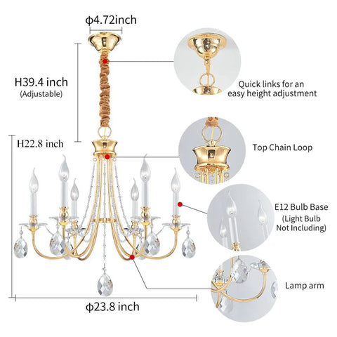 Gold Farmhouse Crystal Chandelier For Dining Room And Kitchen Island, detailed view with dimensions and features