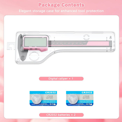 6 Inch Digital Caliper With Large LCD Screen, 0.01 Inch Precision, Inch Millimeter Switch, Auto Off, Pro Level DIY Measuring Tool For Accurate, Everyday Projects And Quick, Reliable Measurements. Pink digital caliper with case and CR2032 batteries.