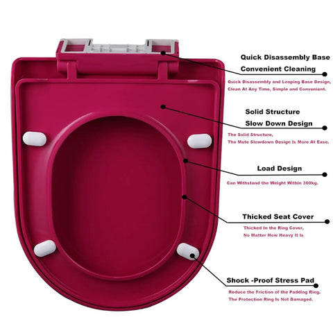 Heavy Duty Square Toilet Seat With Smooth Soft Close Lid And Quick Release Hinges For No Sweat Cleanup In Sturdy White Plastic For Universal Home Bathroom Setup, pink view with quick disassembly base.