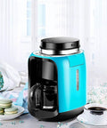 Hassle Free Mini Coffee Maker With Built In Bean Grinder And Glass Carafe, Solid Six Cup Drip Brewer in bright blue color.