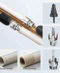 3Pcs PVC Pipe Threader Tool Kit For 1/2 And 3/4 Inch Plastic Pipes shows tools for threading and tapping with corresponding pipe threads.