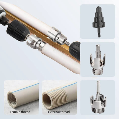 3Pcs PVC Pipe Threader Tool Kit For 1/2 And 3/4 Inch Plastic Pipes shows tools for threading and tapping with corresponding pipe threads.