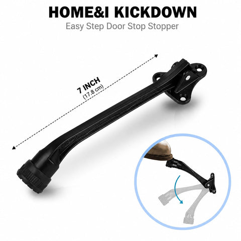 Heavy Duty Kickdown Door Stopper With Extended Reach Design And Rock Solid Zinc Alloy Frame For Tight Grip Non Slip Rubber Foot And No Fuss Screw Mount On Tile Carpet Or Hardwood Floors, 7 inch black door stopper.