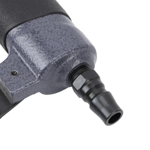 Close-up of the air connector on the Hella Smooth Silent Air Nailer with Anti Jam Baffle for Dead Easy Reloads.