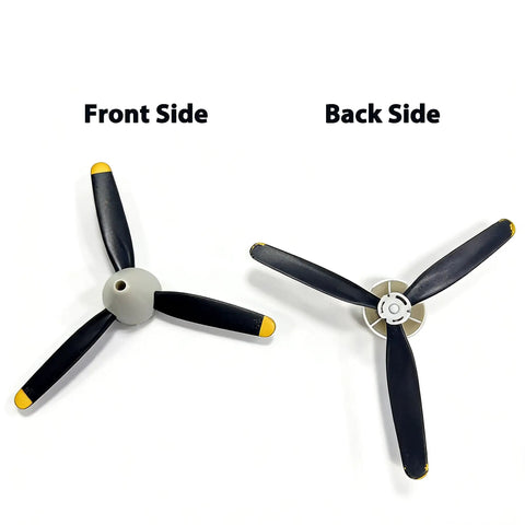 Front and back view of 3 Piece RC Plane Propellers For Volantex Spitfire Fighter 500mm Brushless RC Plane 4 Channel Propeller Kit With Nose Cone Replacement Blades And Spare Parts Built Tough