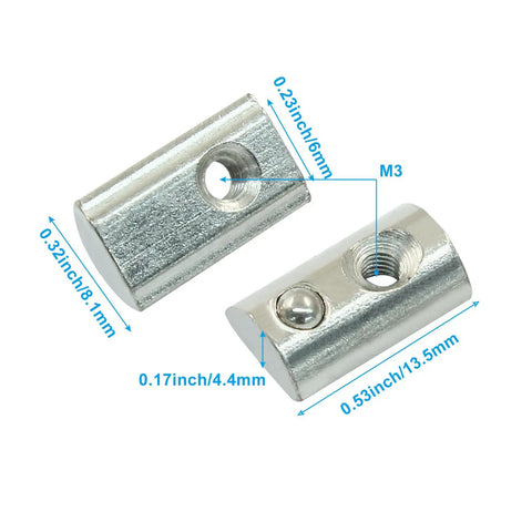 Badass M3 Half Round Roll In T Nuts 50 Pack Sliding Snap Action Fasteners for 2020 Aluminum Extrusion Profiles showing dimensions and metal finish.