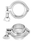 Two 304 stainless sanitary clamp fittings; top view: circular clamp with bolt, bottom view: 51mm chuck-end ferrule (2 in).