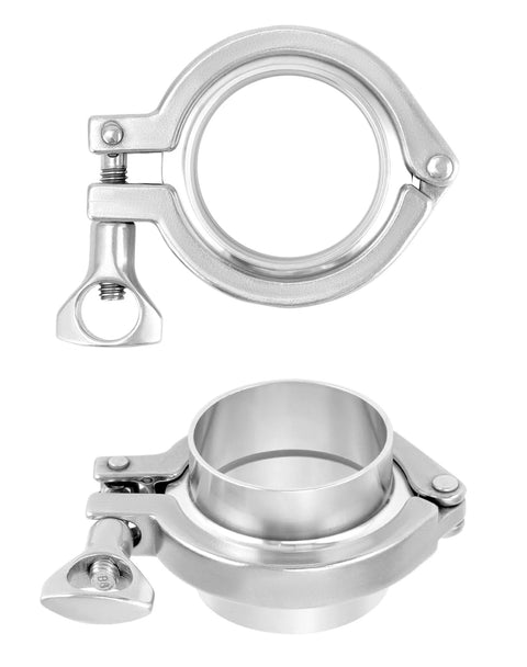 Two 304 stainless sanitary clamp fittings; top view: circular clamp with bolt, bottom view: 51mm chuck-end ferrule (2 in).