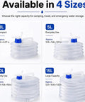 Foldable Water Jug With Spigot For Camping And Travel in 3L, 5L, 10L, and 15L sizes showing compact, everyday, family, and large capacity options.