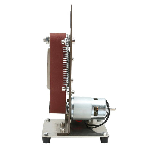 Jauarta Mini Belt Sander With Aluminum Alloy Body side view showing motor, belt, and frame for polishing and grinding metal wood plastic.