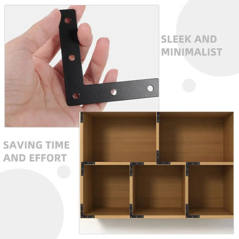 Rock Solid Heavy Duty Black L Shaped Corner Brackets Set For Furniture Support with hand and cabinet installation view
