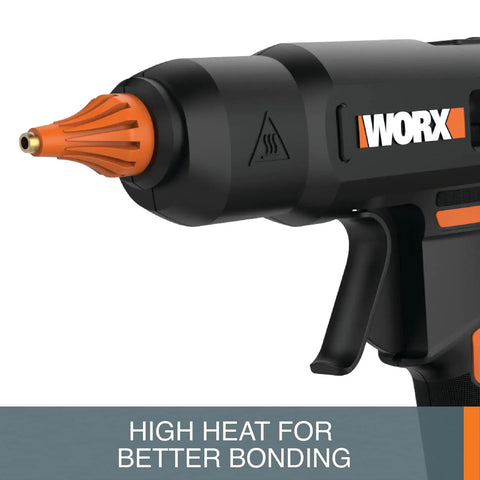 Close-up of 20V Cordless Full Size Hot Glue Gun With 382°F High Heat, showing nozzle and handle for woodworking and crafting.