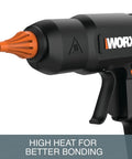 Cordless Full Size Hot Glue Gun With 20V Power Share Battery And Charger, highlighted nozzle for precise wood crafting.