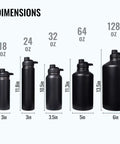 Various sizes of black insulated water bottles, including 24 Oz Insulated Water Bottle With Handle, 304 Stainless Steel, BPA Free, shown.