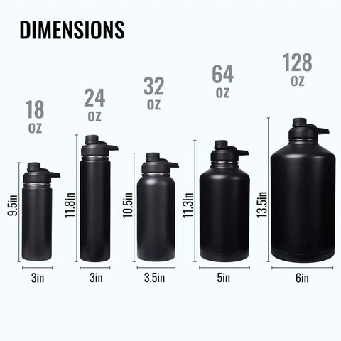 Various sizes of black insulated water bottles, including 24 Oz Insulated Water Bottle With Handle, 304 Stainless Steel, BPA Free, shown.