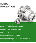 Sanitary check valve, 2-inch, 304 stainless steel, tri-clamp ferrule flange, with clamp lever.
