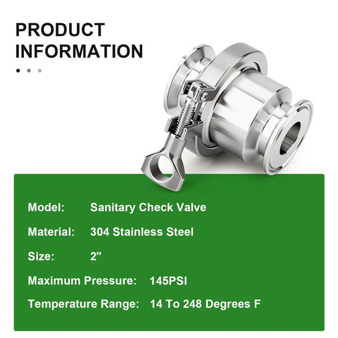 Sanitary check valve, 2-inch, 304 stainless steel, tri-clamp ferrule flange, with clamp lever.