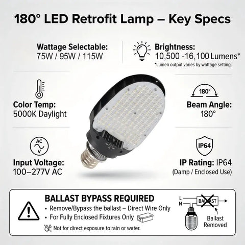 Shoebox Corn Retrofit Lamp Rotatable E39 Mogul Base Powerful 75W 95W 115W Selectable 5000K Daylight 180 Degree Paddle bulb