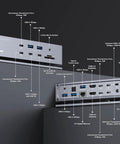 Heavy Duty 20 In 1 Thunderbolt 4 MacBook Docking Station showing various ports and connections on a sleek surface.