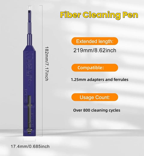 Side view of Zenithra blue fiber optic cleaning pen, 1.25mm ferrule compatible, extended to 219mm, 800+ cleaning cycles.