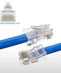 Transparent Cat6 RJ45 Connectors 110 Pack For Ethernet Cables With Gold Plated 8P8C Pins connected to blue cables
