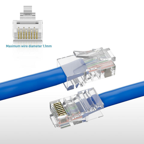 Transparent Cat6 RJ45 Connectors 110 Pack For Ethernet Cables With Gold Plated 8P8C Pins connected to blue cables