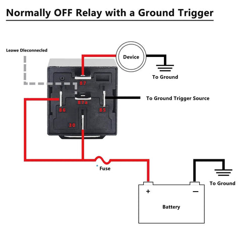 Diagram of a Two Pack 12V Automotive Five Pin SPDT Relays With Interlocking Relay Sockets And Inline ATC Fuse Holders High Current Thirty And Forty Amp Bosch Style Prewired Leads For Easy Plug And Play Setup Twelve Inch with ground trigger setup.