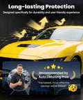 Yellow sports car with text overlay stating long-lasting protection and auto detailing recommendation badge.