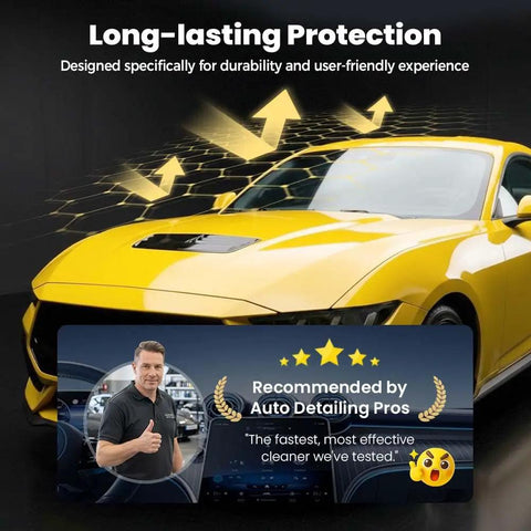 Yellow sports car with text overlay stating long-lasting protection and auto detailing recommendation badge.