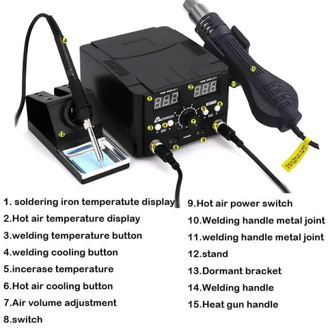 2 In 1 750W LED Digital Soldering Station With Hot Air Rework Gun And Soldering Iron showing controls and components labeled.